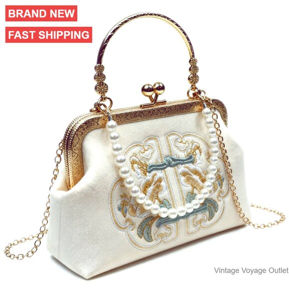 Small Kiss Lock Crossbody Bag with Hand Embroidery Top Handle & Detachable